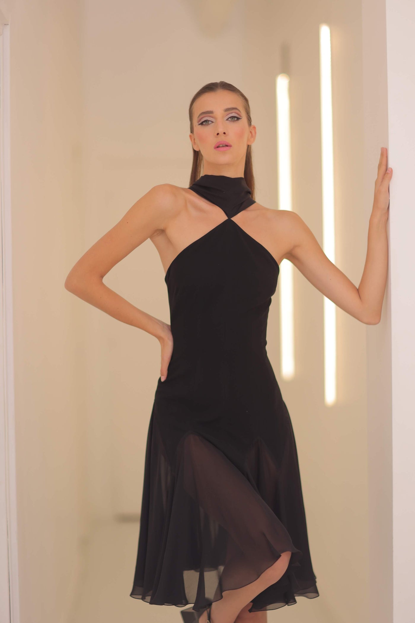 Silk Chiffon & Jersey Dress in Black