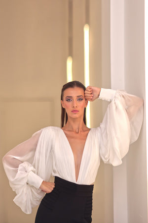 Silk Crepe Deep-V Bodysuit with Silk Chiffon Sleeves in White & Cady Trouser in Black